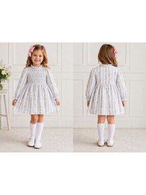 Cecil & Lou Girls 4T Floral Smocked Dress Pink Green Ruffle Long Sleeve
